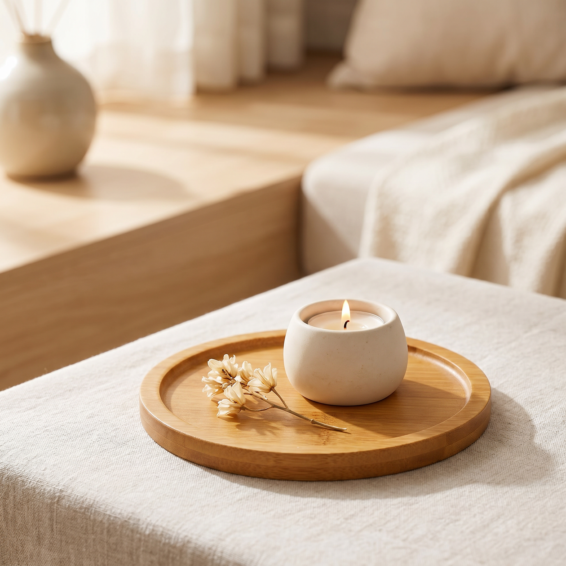 Natural bamboo tray styled with a small candle and a dried stem