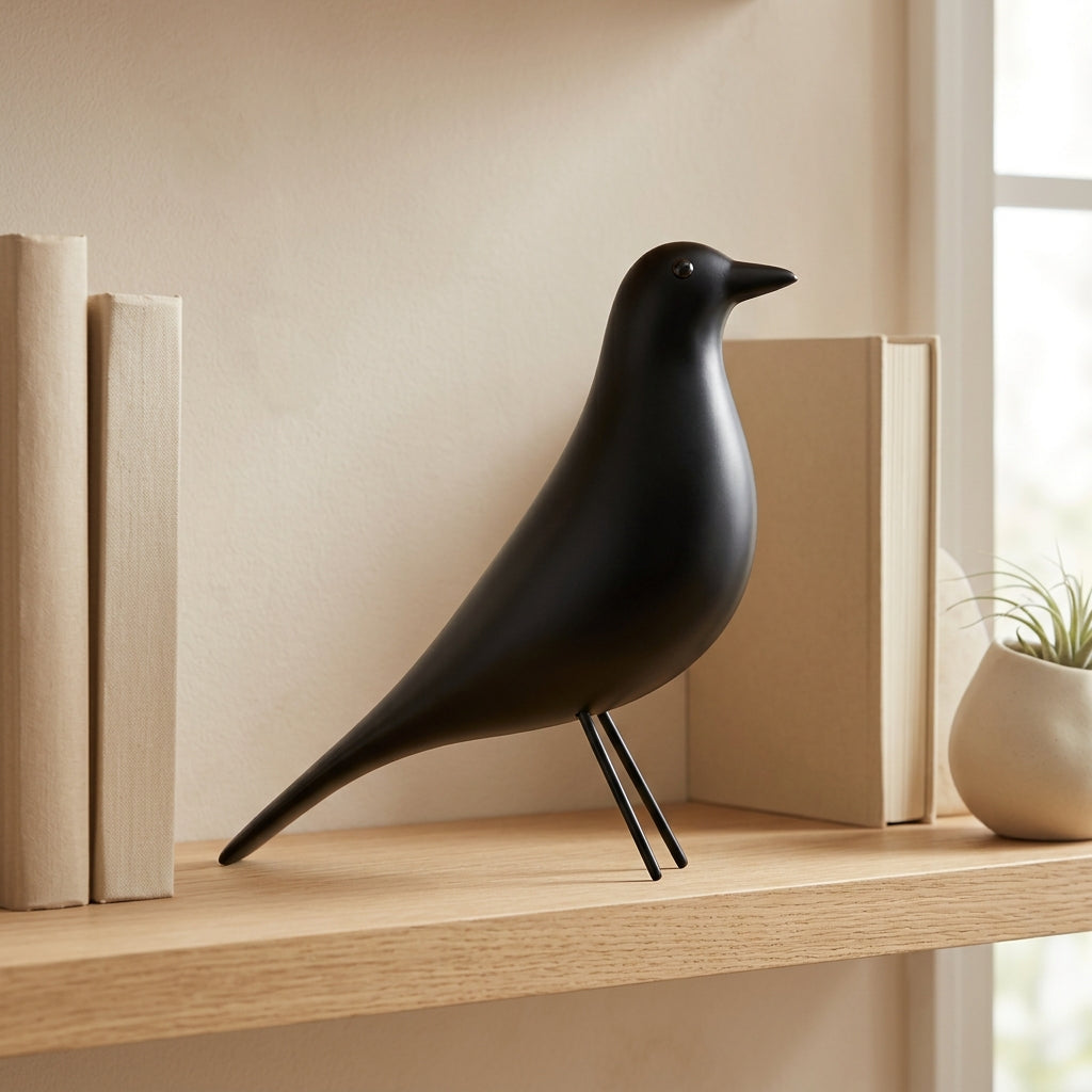 Matte-black sculptural minimalist bird figurine on slim splayed wire legs, displayed on a wooden shelf