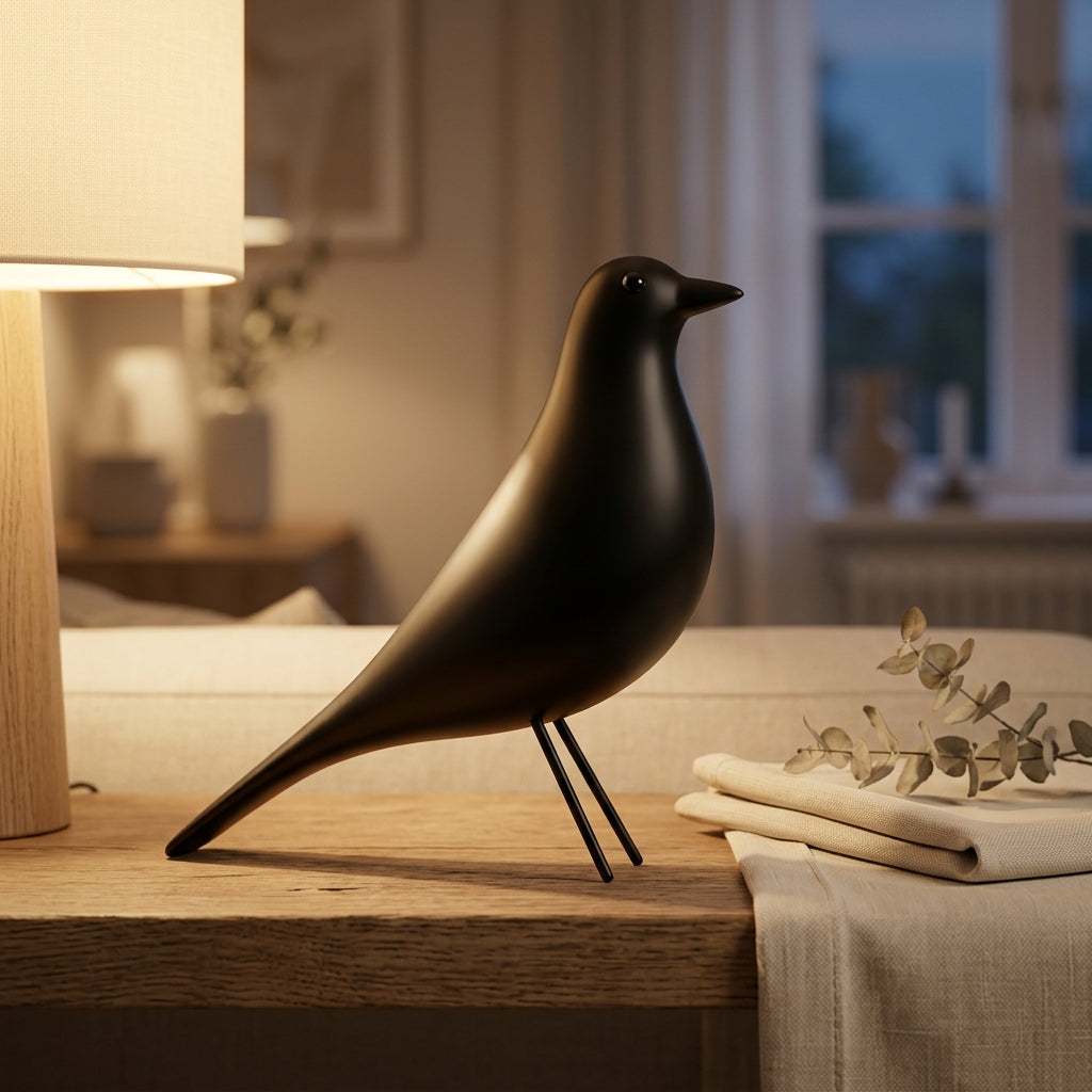 Close-up of the matte-black bird figurine's head, short pointed beak and slim wire legs