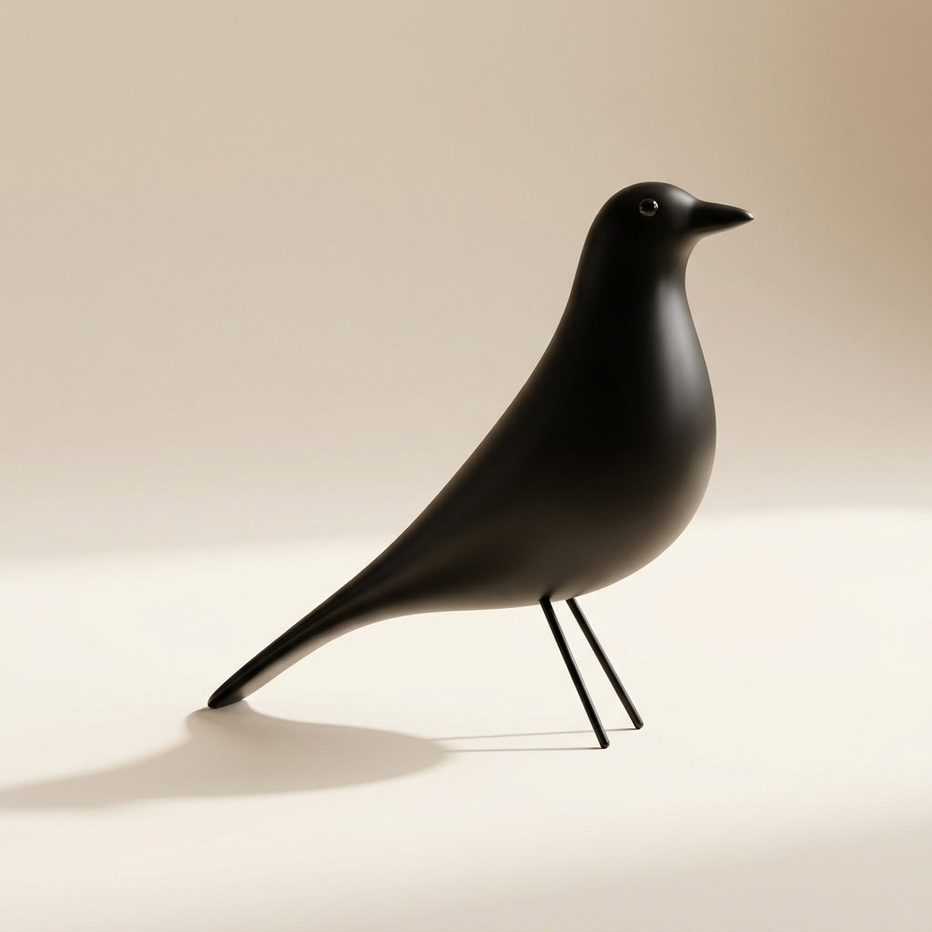 Minimalist black sculptural bird accent styled on a shelf vignette with books