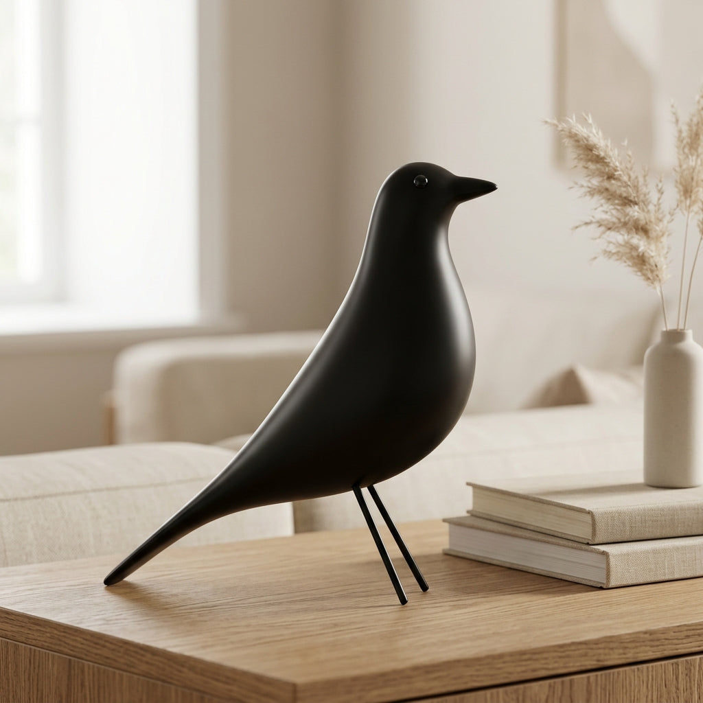 Smooth matte-black abstract bird figurine, rounded silhouette on splayed wire legs