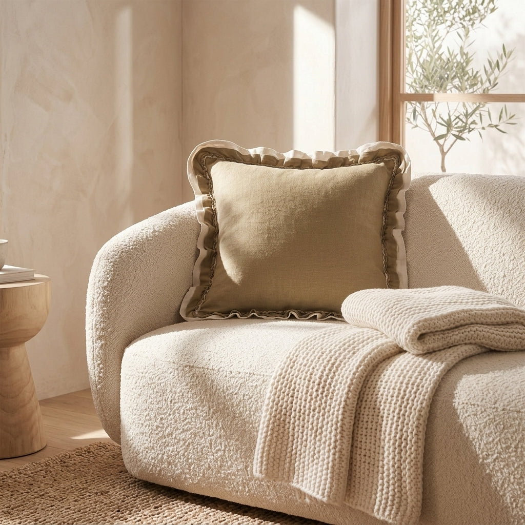 Khaki woven cushion cover with scalloped ruffle frill edge on a cream boucle lounge chair in a sunlit corner