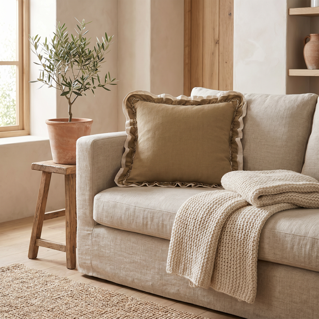 Khaki woven cushion cover with scalloped frill edge on a linen sofa