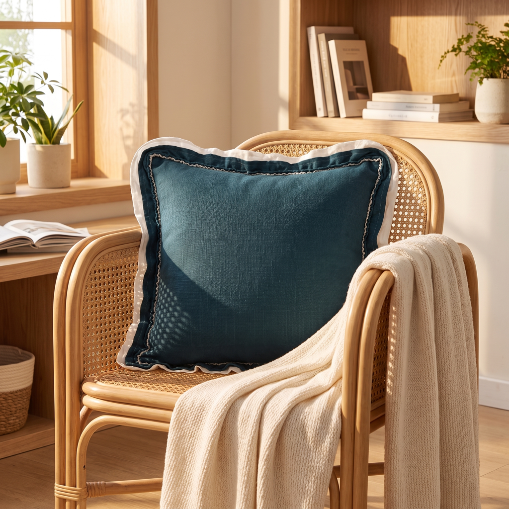 Teal-navy woven cushion cover with frill edge on a rattan armchair