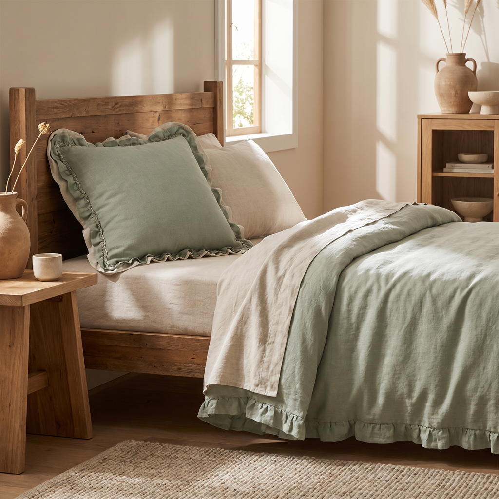 Sage green woven cushion cover with frill edge on a bed