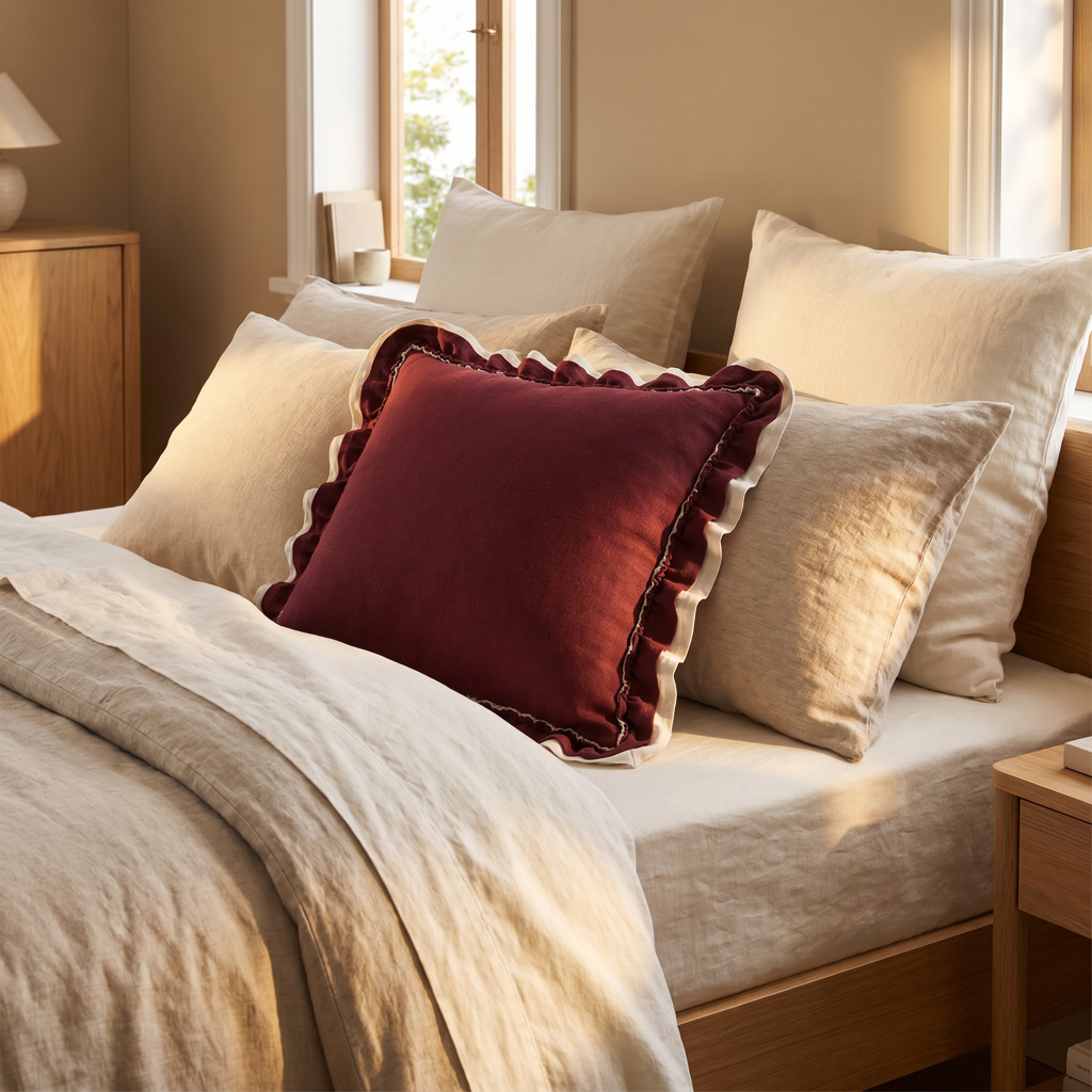Wine red woven cushion cover with frill edge on a bed