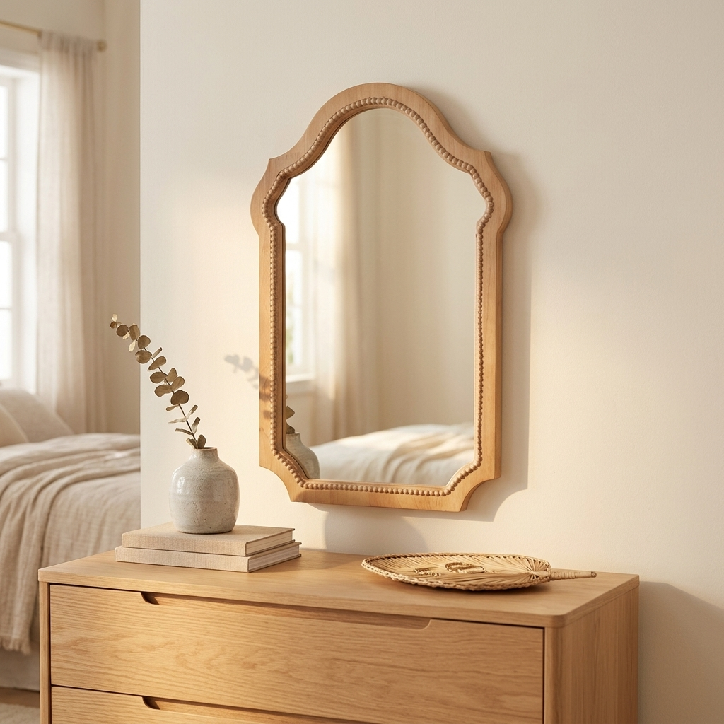 Vintage arched wood-framed mirror above a bedroom dresser