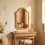 Vintage arched wood-framed mirror above a dressing table