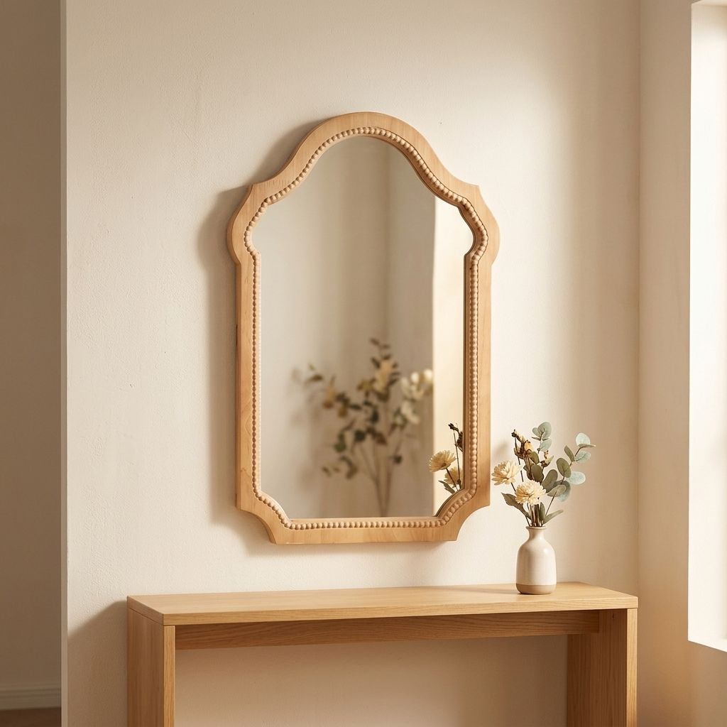 Vintage arched wood-framed mirror above an entryway console table