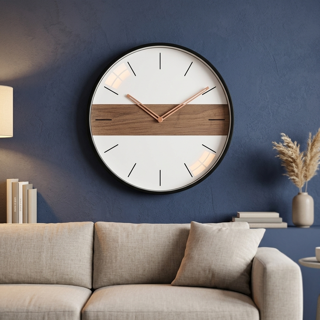 Modern Nordic wall clock with walnut band and baton markers, rose-gold hands, in a living room