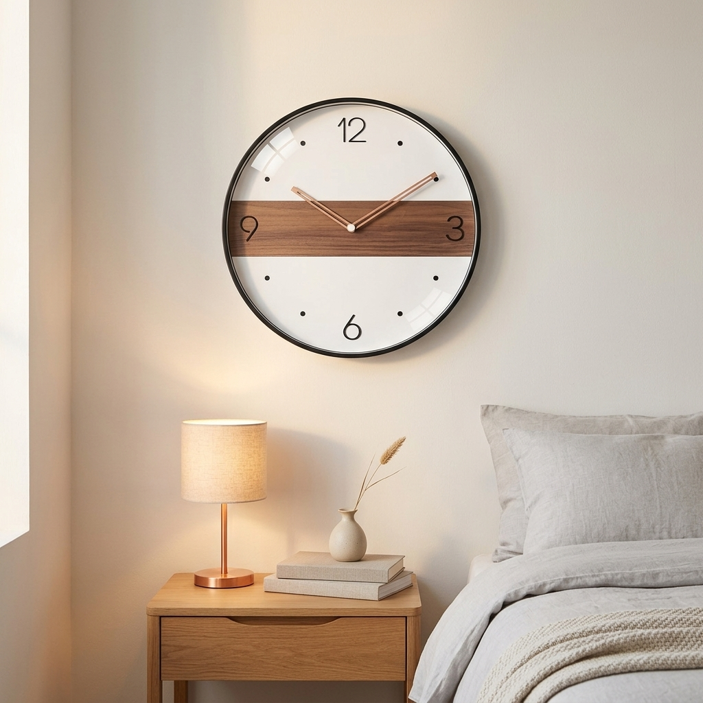 Modern Nordic wall clock with walnut band and quarter numerals, rose-gold hands, in a bedroom