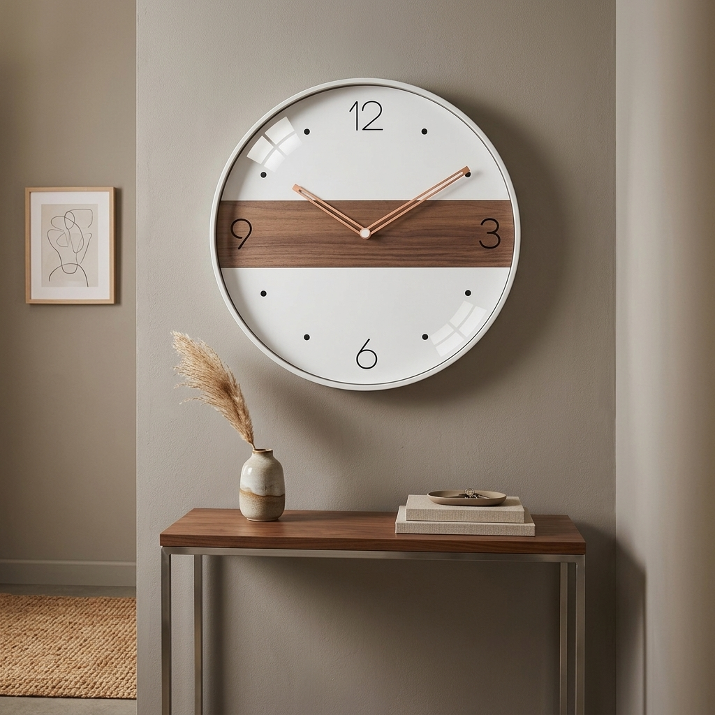 Modern Nordic wall clock, white rim with walnut band and quarter numerals, rose-gold hands, in an entryway