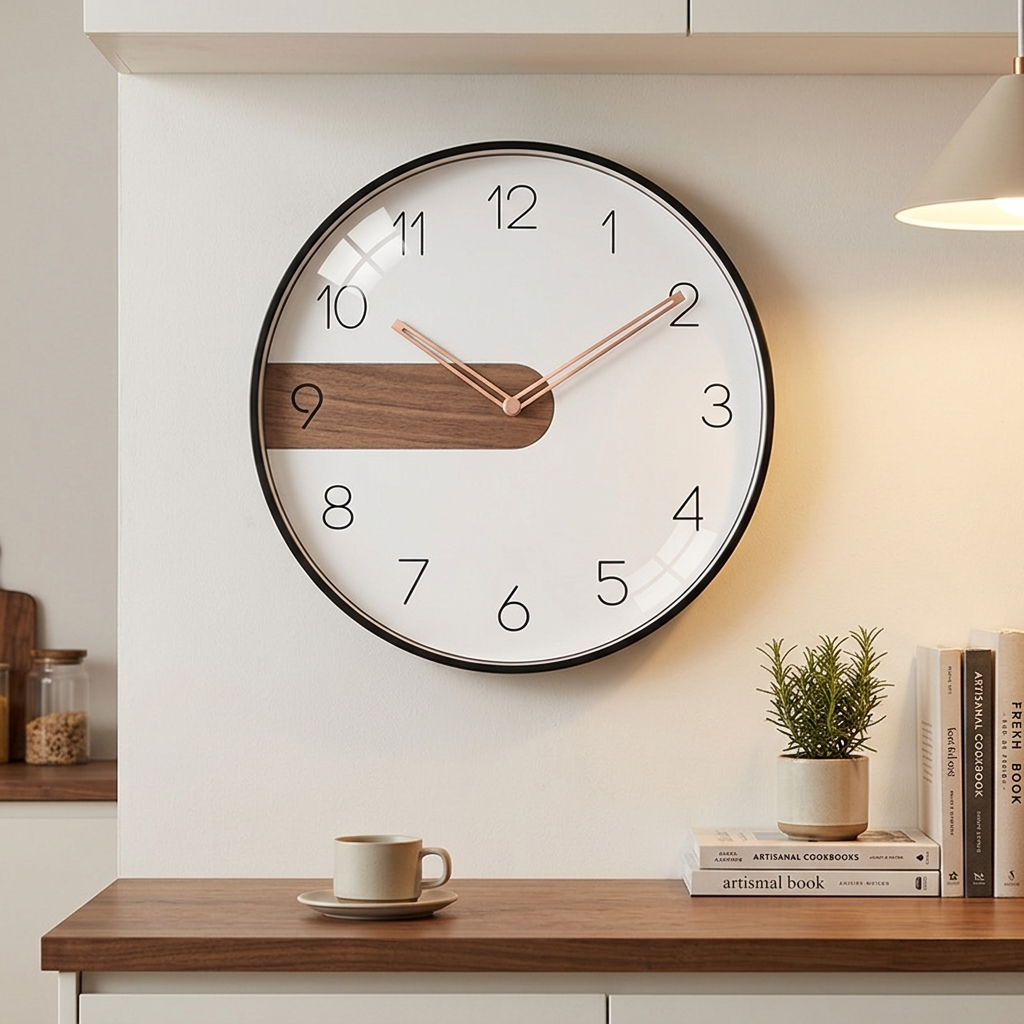 Modern Nordic wall clock with walnut accent and full numerals, rose-gold hands, in a kitchen
