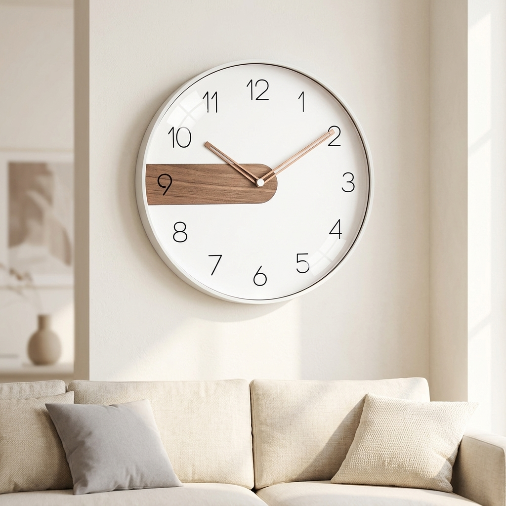 Modern Nordic wall clock, white rim with walnut accent and full numerals, rose-gold hands, in a bright living room