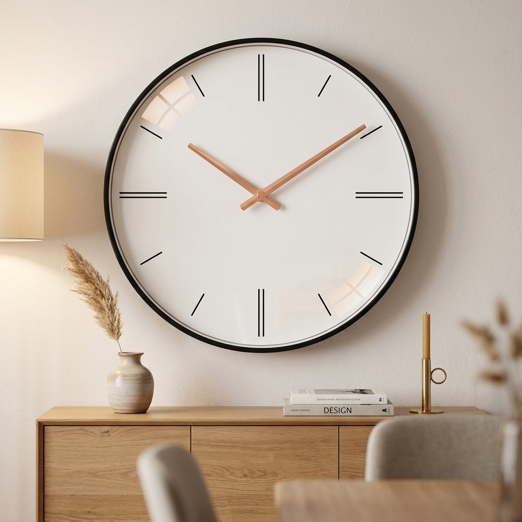 Modern Nordic wall clock, all-white dial with double baton markers, rose-gold hands, in a dining room