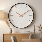 Modern Nordic wall clock, all-white dial with double baton markers, rose-gold hands, in a dining room