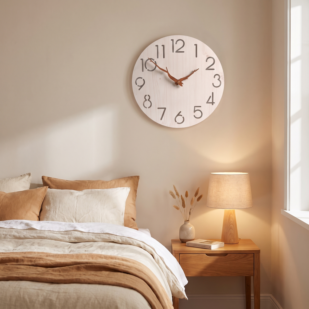 Light wood minimalist wall clock with cut-out numerals in a warm bedroom