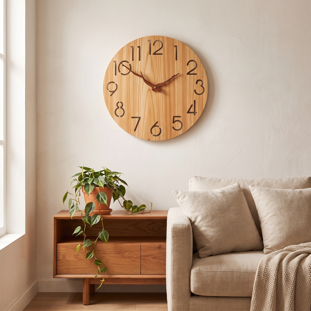 Natural honey wood minimalist wall clock with cut-out numerals and branch hands in a living room