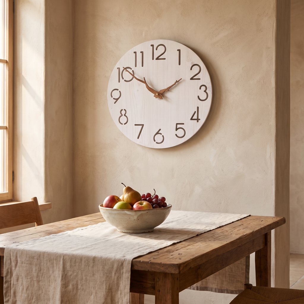 Light wood minimalist wall clock with cut-out numerals above a dining table