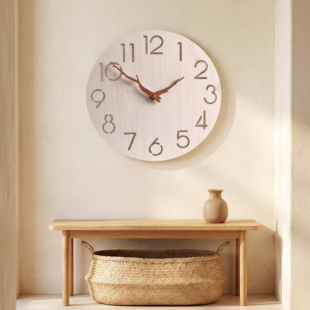 Light wood minimalist wall clock with cut-out numerals in an entryway