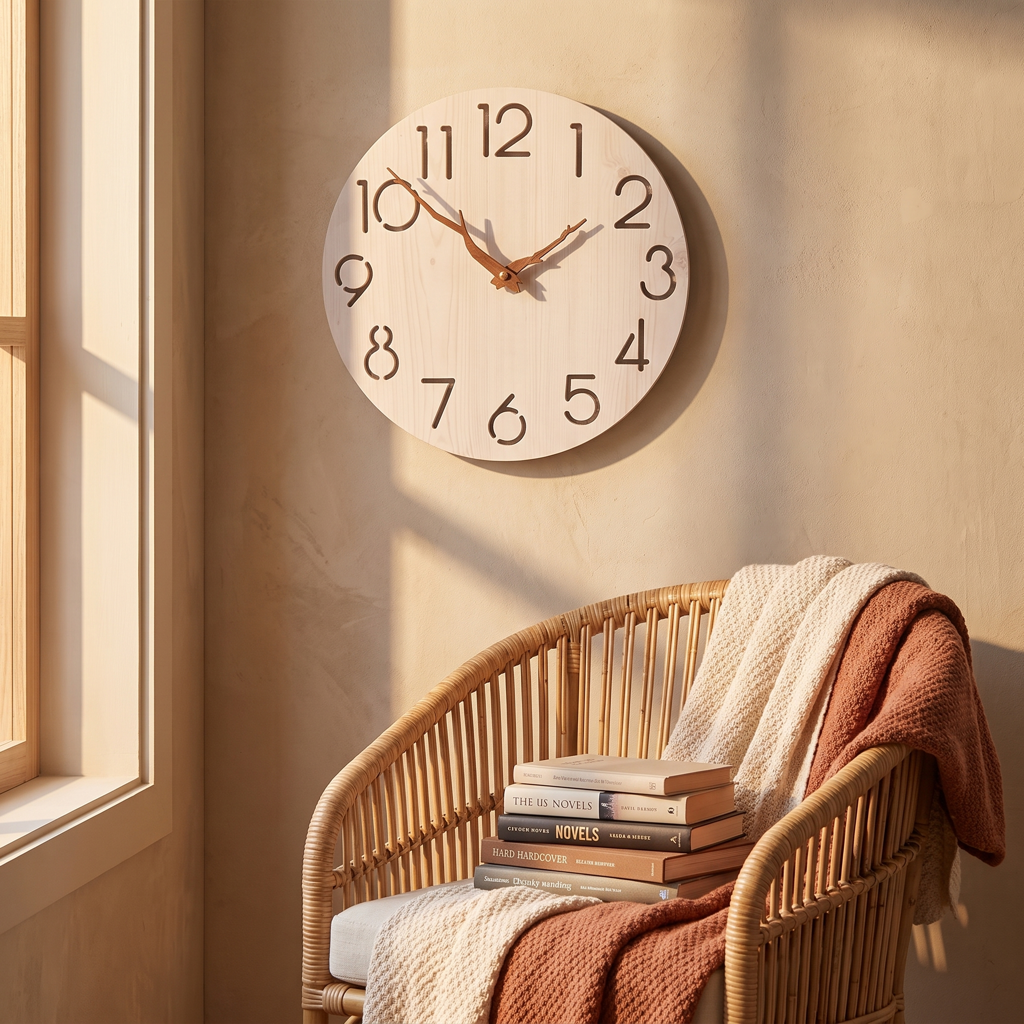 Light wood minimalist wall clock with cut-out numerals in a cozy reading nook