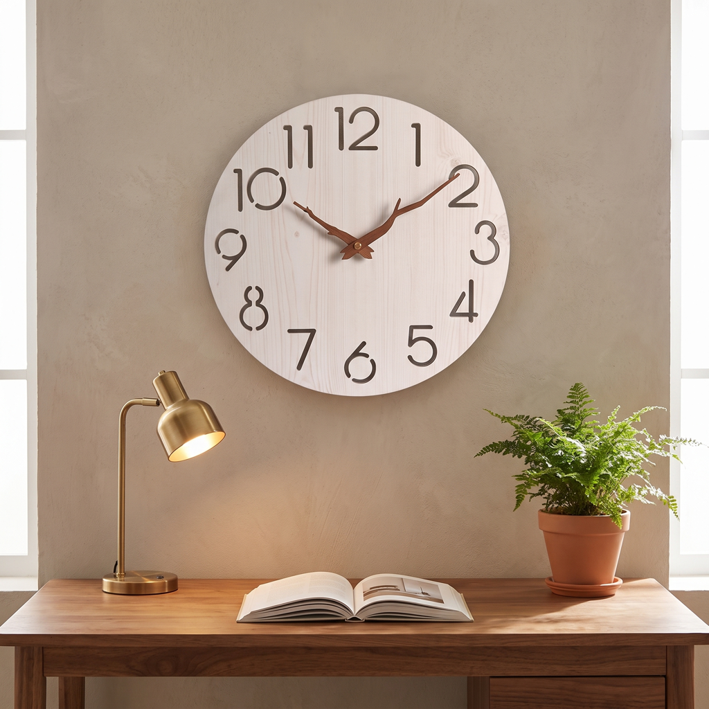 Light wood minimalist wall clock with cut-out numerals in a home study