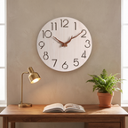 Light wood minimalist wall clock with cut-out numerals in a home study