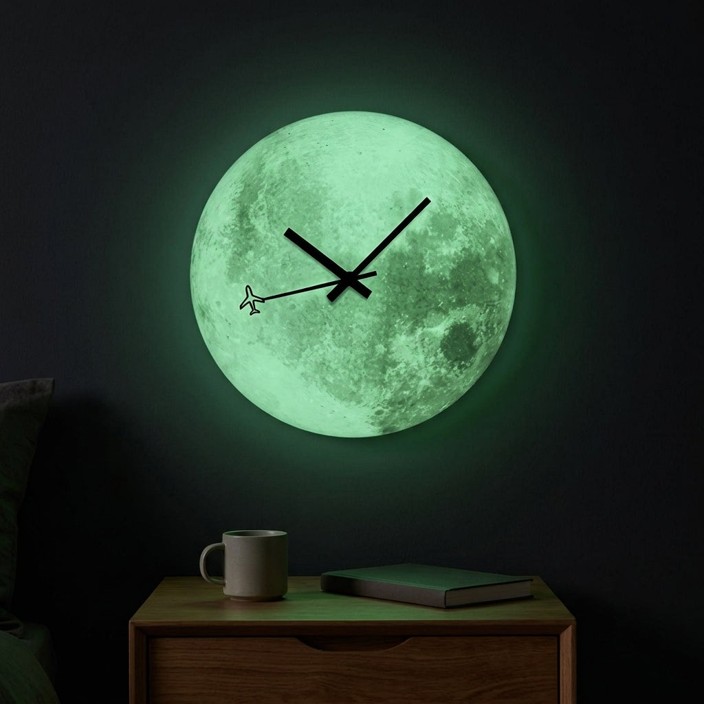 Moon wall clock glowing soft green with airplane-tipped second hand in a dark bedroom, glow-in-the-dark dial