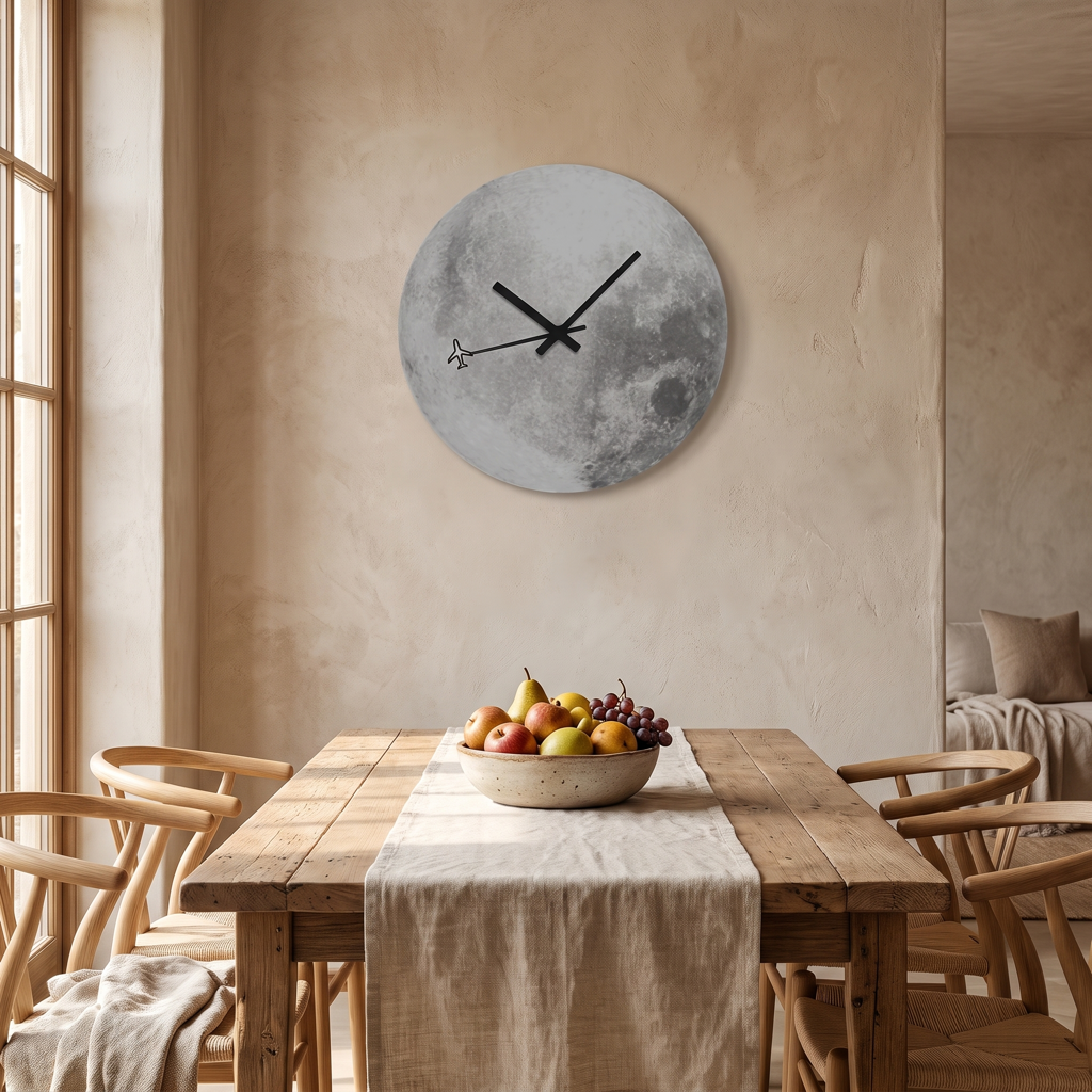 Moon wall clock above a rustic dining table in warm daylight