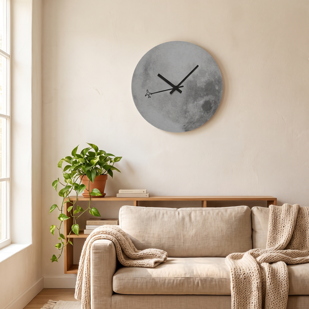 Luminous moon wooden wall clock with lunar dial on a warm living room wall
