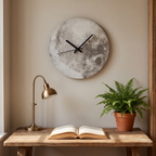 Moon wall clock with realistic lunar surface above a home study desk