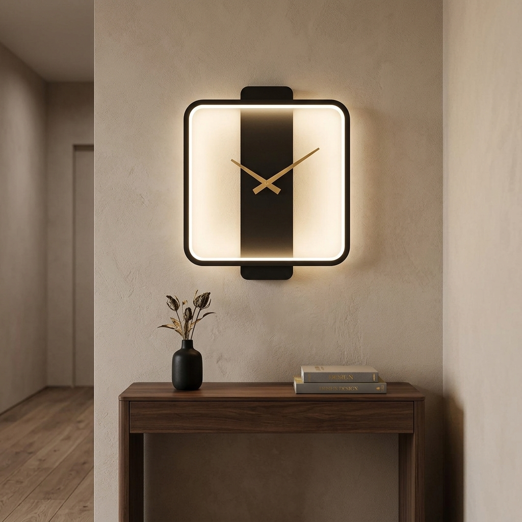 Black square clock wall lamp with gold hands above a hallway console table