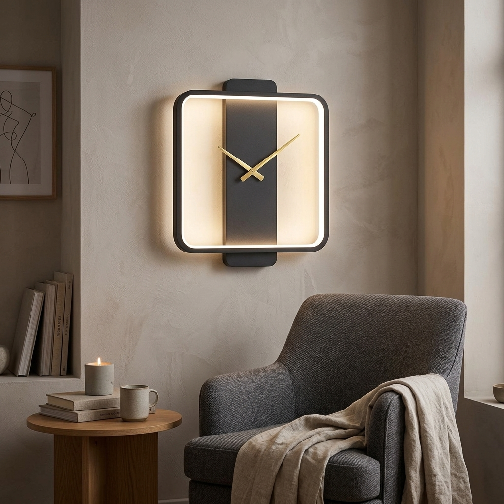 Black square clock wall lamp with gold hands above a cozy reading armchair