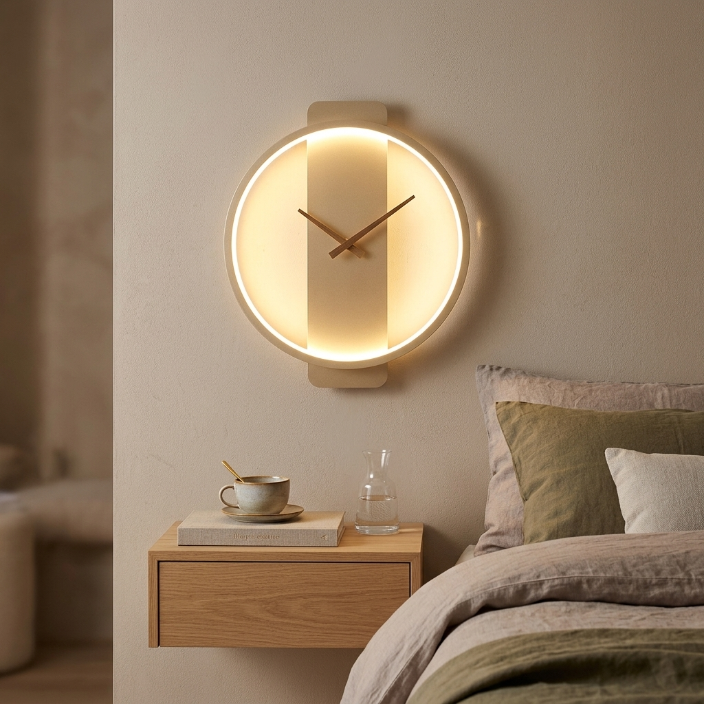 Gold round clock wall lamp with clock hands glowing warm above a bedroom nightstand