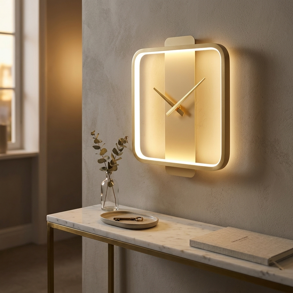 Gold square clock wall lamp with clock hands above an entryway console table