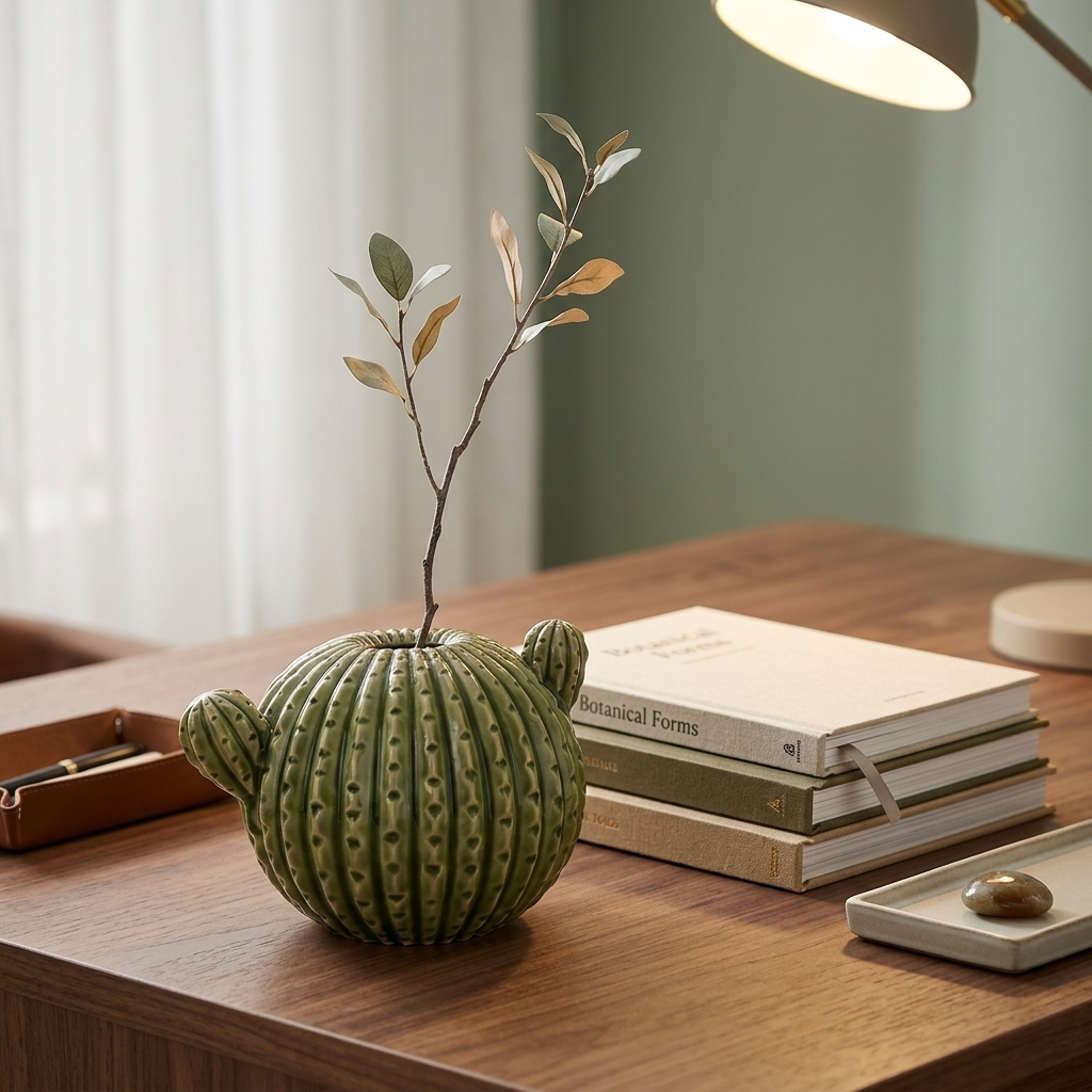 Green cactus-shaped ceramic vase with a single branch on a home office desk