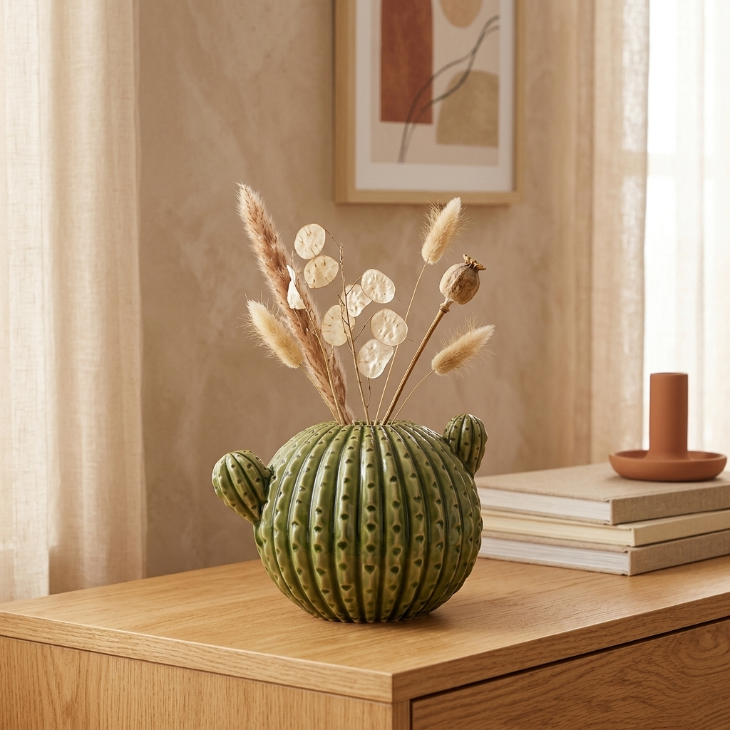 Green cactus-shaped ceramic vase with dried stems on a console table