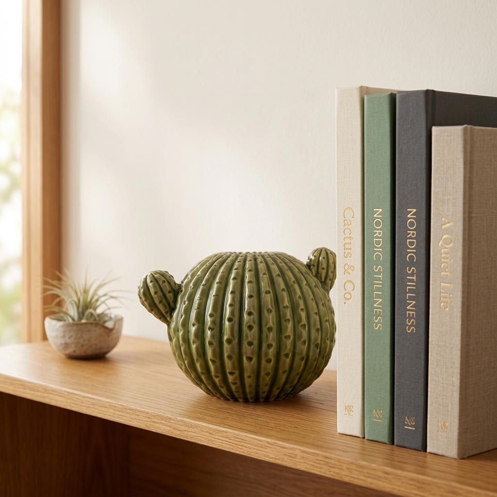 Green cactus-shaped ceramic vase styled empty on an open wooden shelf with books