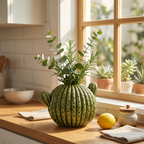 Green cactus-shaped ceramic vase with eucalyptus on a kitchen windowsill