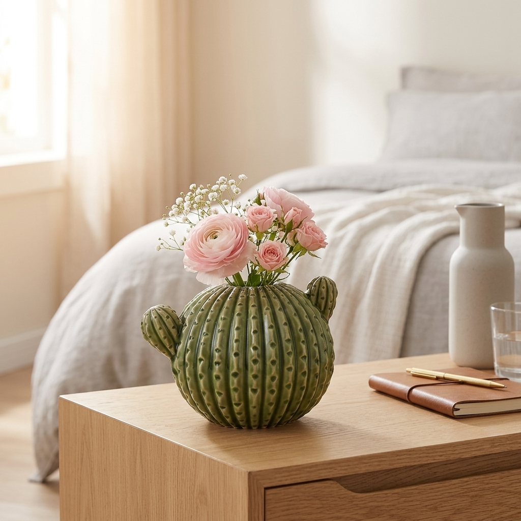 Green cactus-shaped ceramic vase holding pink ranunculus on a bedroom nightstand