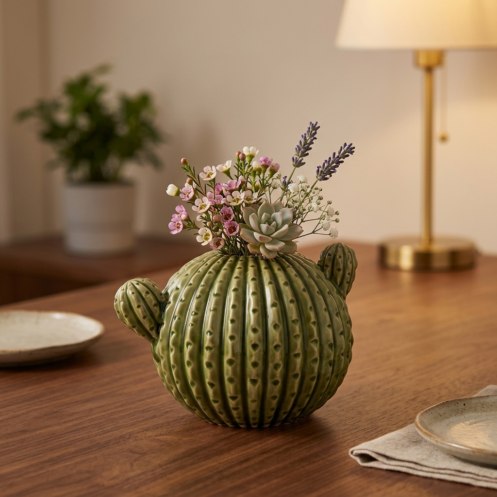 Green cactus-shaped ceramic vase with wildflowers as a dining table centerpiece