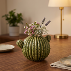 Green cactus-shaped ceramic vase with wildflowers as a dining table centerpiece