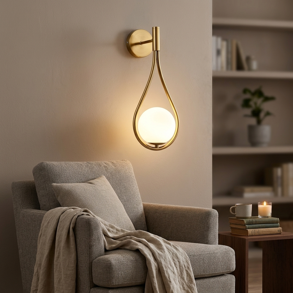 Gold teardrop globe wall sconce above a cozy reading armchair