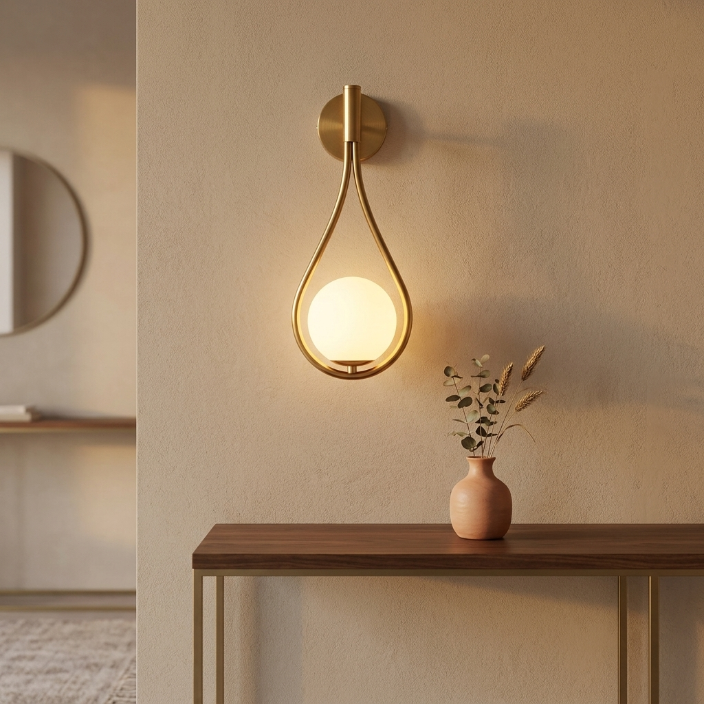 Gold teardrop globe wall sconce above a console table in an entryway