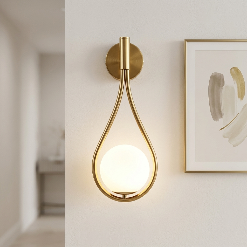Gold teardrop globe wall sconce in a hallway beside a framed art print
