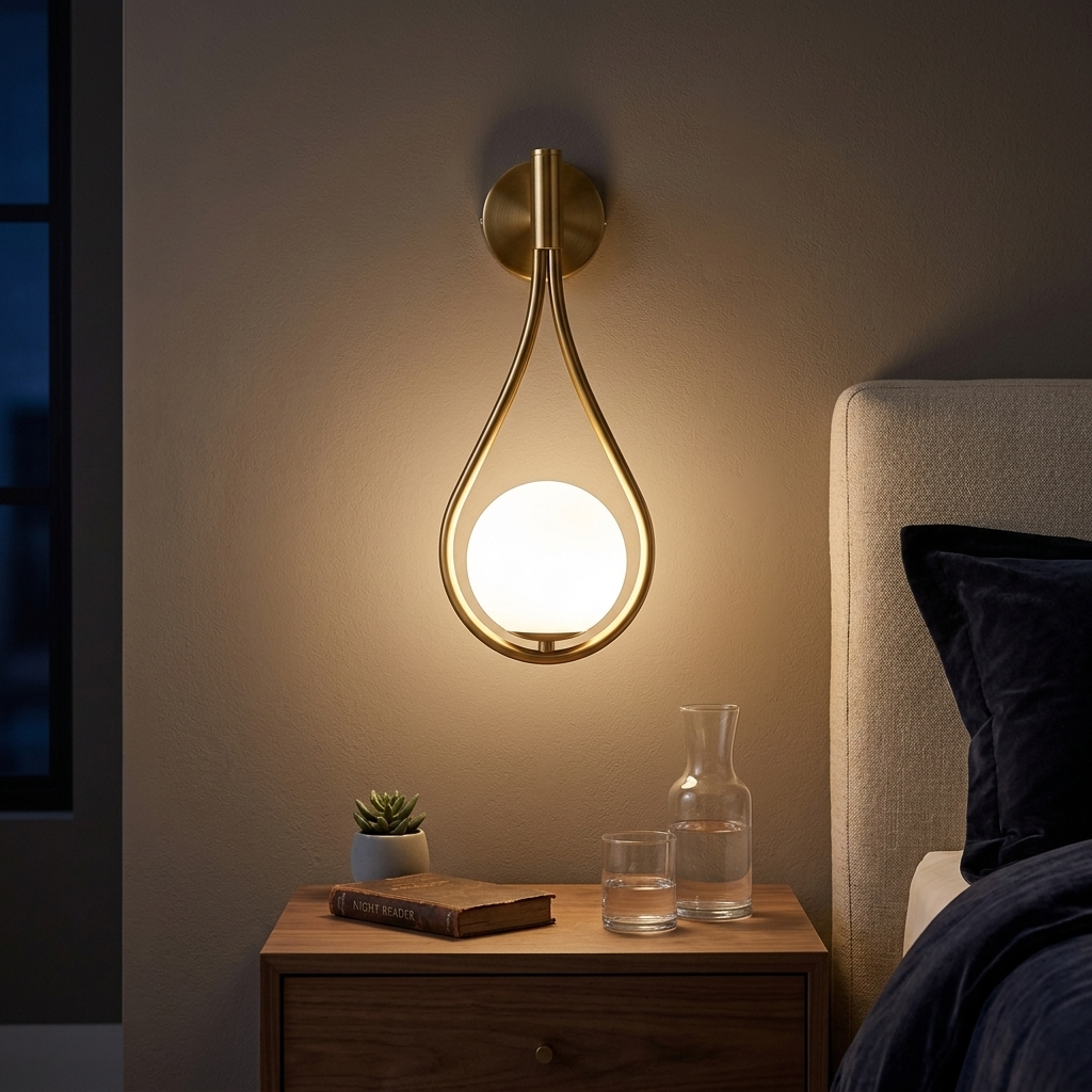 Gold teardrop wall sconce with frosted glass globe glowing warm above a bedroom nightstand