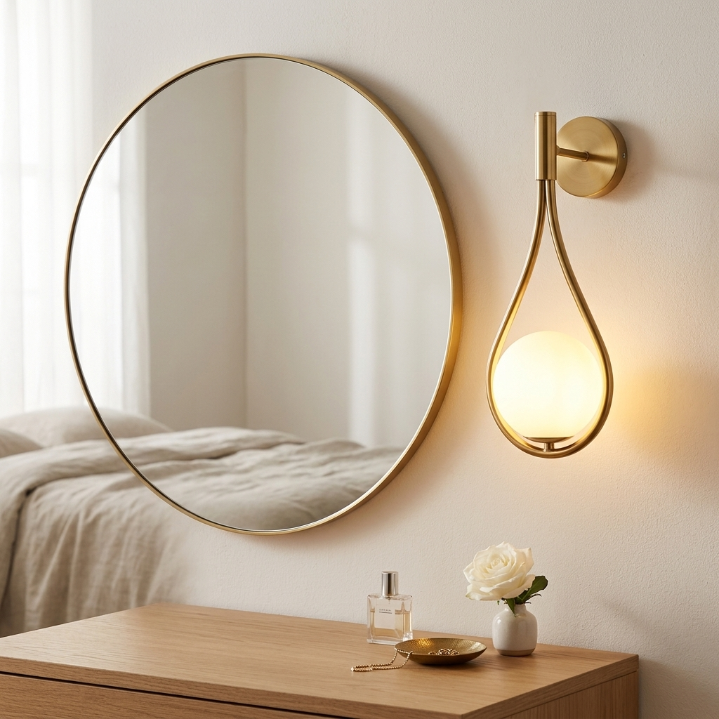 Gold teardrop globe wall sconce beside a round mirror on a bedroom vanity wall