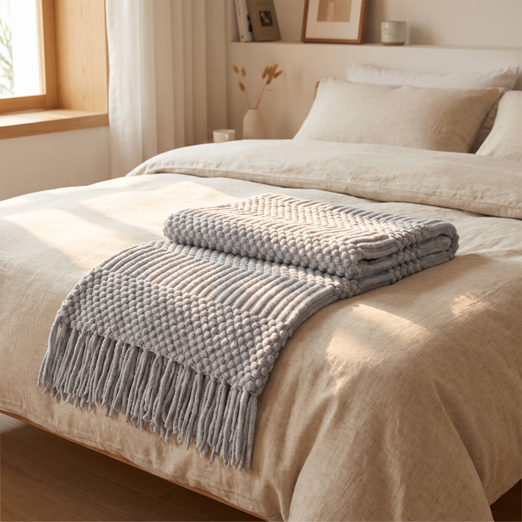 Light grey chunky knit throw blanket with fringe on a bed