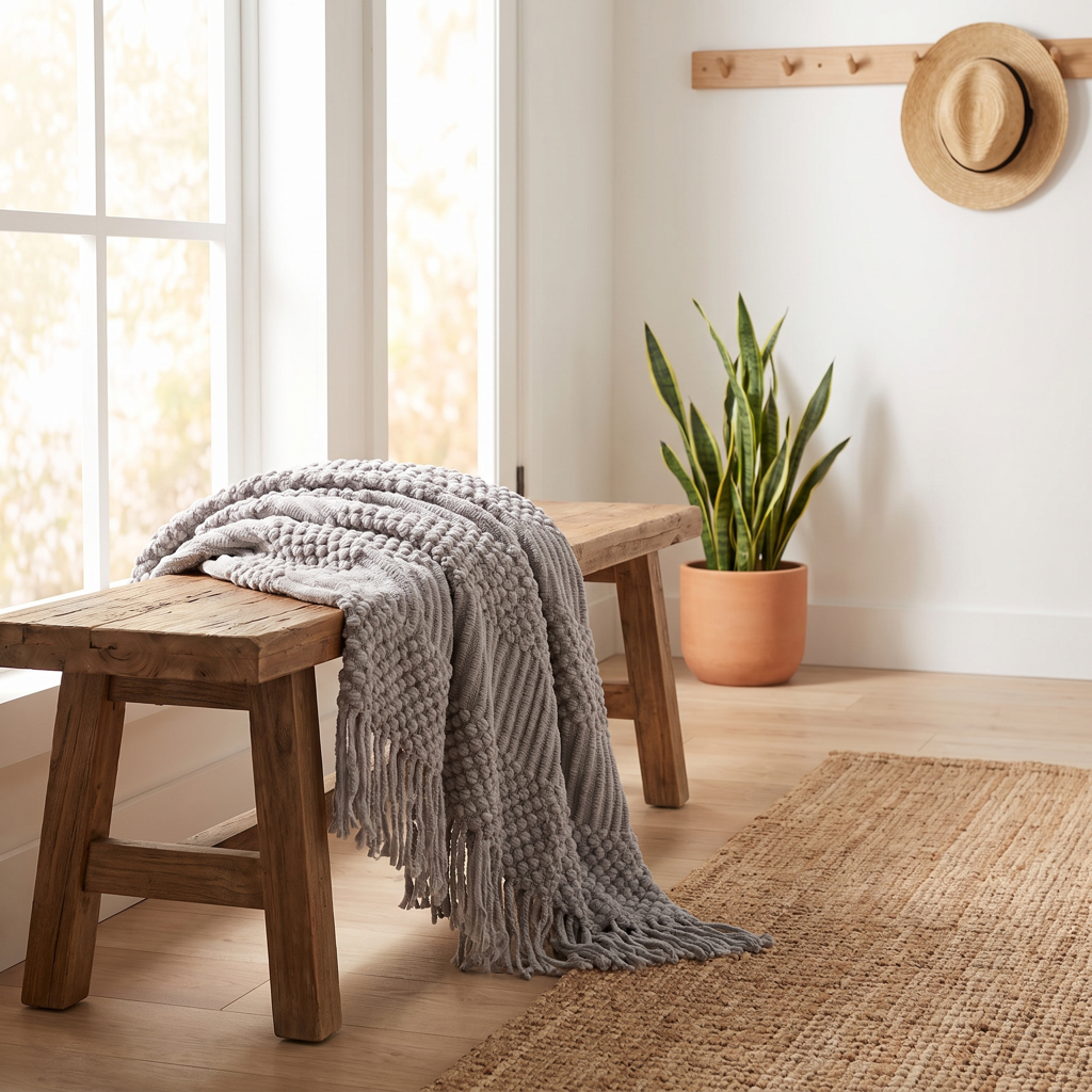 Light grey chunky knit throw blanket with fringe on a wooden bench
