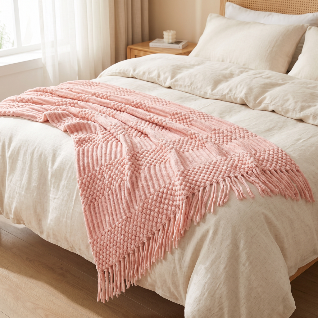 Pink chunky knit throw blanket with fringe on a bed